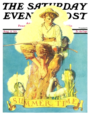 Boy on stump fishing surrounded by water nymphs