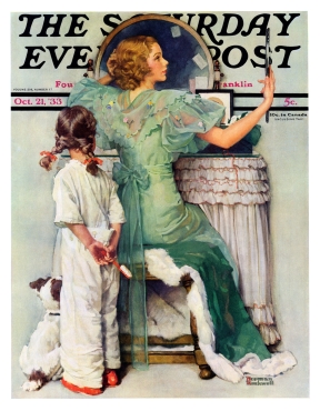 Little Girl in p.j.s watches sister primp in mirror