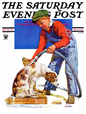 A boy washing his dog.
