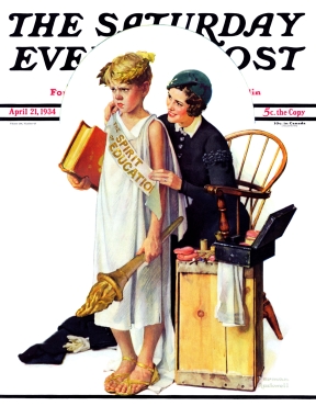 Boy in toga with book and torch, mother seated behind