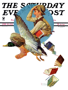 Boy on back of mallard duck, books flying behind