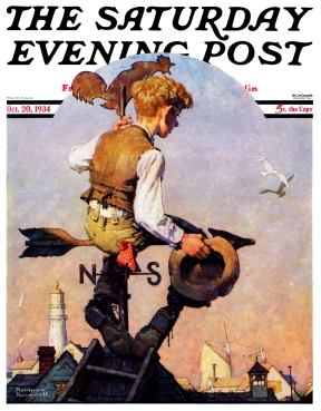 Boy atop weather vane looks out to sea