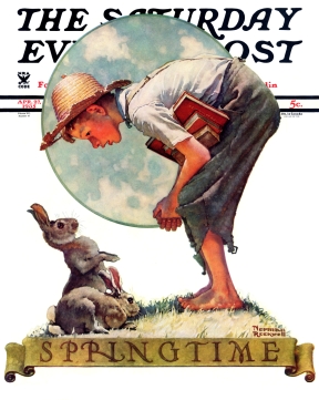 Farm boy with school books, bends down to rabbit