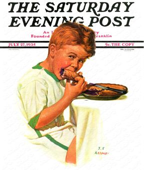 A boy eating a piece of blueberry pie.