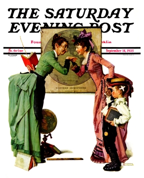 Mother and teacher shake hands, little boy unsure