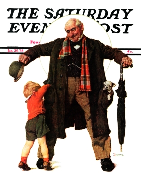 Boy reaches in Grandfathers coat pocket for puppy