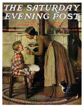 Aunt Polly giving Tom Sawyer his medicine