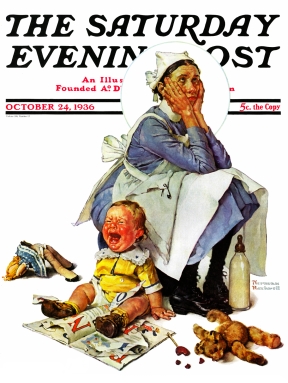 Nanny with fingers in her ears, baby bawling