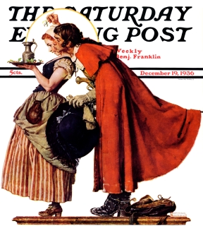 Man kisses barmaid as he holds mistletoe over her head