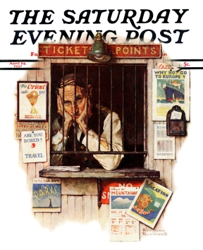 Bored ticket agent in window framed by travel brochures