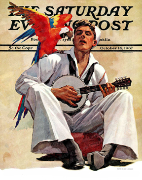 A sailor plays a banjo with a parrot on his shoulder.