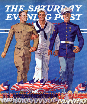 An army soldier, a navy sailor, and a marine march in a parade.