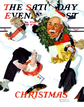 Man with Christmas packages in snow bank