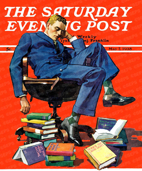 A young man sleeps in a chair next to a pile of self-help books.