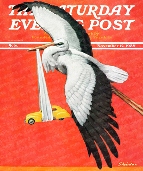 A stork carrying a minuature car.