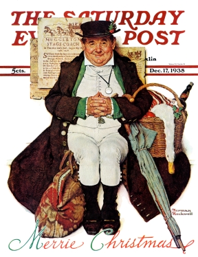 Man with carpet bag, umbrella & food basket waits for coach