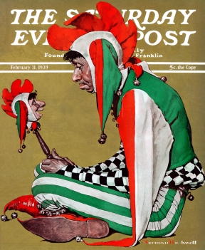 Sad jester stares at smiling toy head of himself