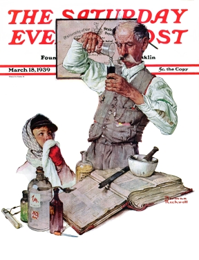 Pharmacist fixing medicine for boy with cold