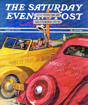 Drivers greet each other as they pass to the world's fair.