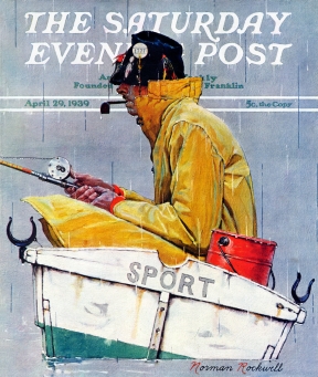 Man fishing in rowboat in rain