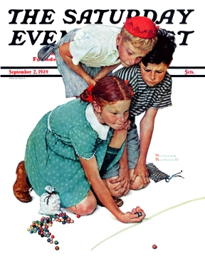 Girl in pigtails is beating boys at marbles