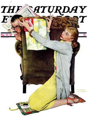 Wife tests fabric swatches on husbands armchair