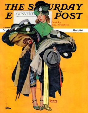 Hat check girl loaded down with coats and hats