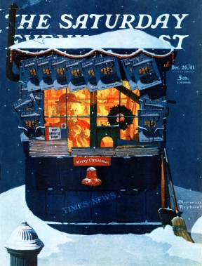 Newsstand in snow at nighttime