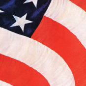 Close up of rippling American flag. John Clymer © 1942 SEPS