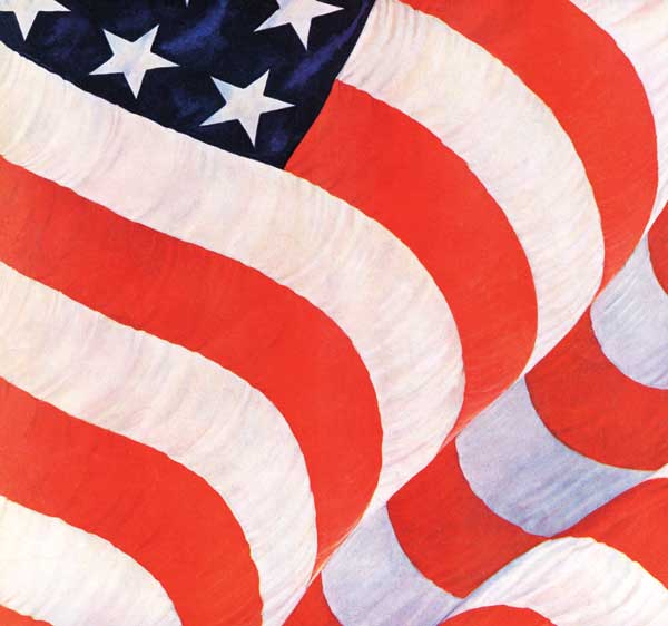 Close up of rippling American flag. John Clymer © 1942 SEPS