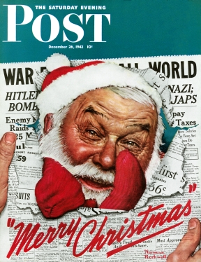 Head of shouting Santa bursts through newspaper