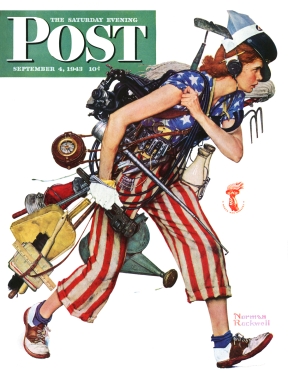 Patriotic woman draped in symbols of multiple jobs