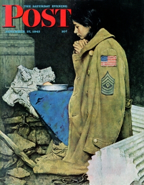 Girl in soldier's coat praying among ruins