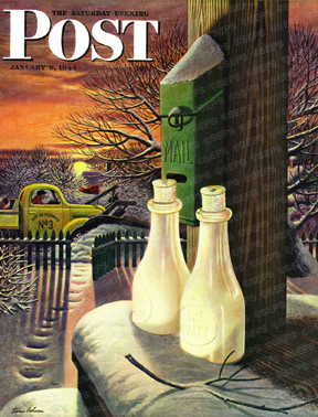 Milk bottles & mail box in the snow, snowplow in road