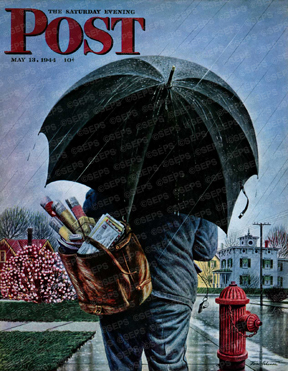 Rear view of mailman with bag, umbrella