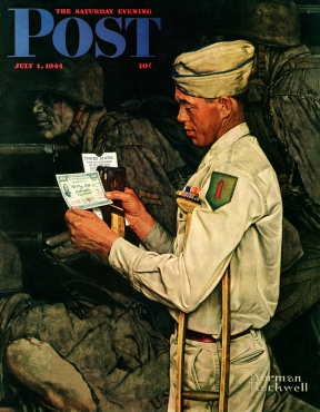 Soldier on crutches with War Bond