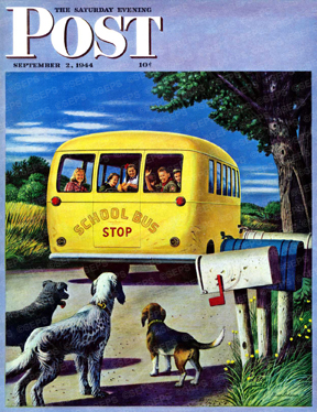 Dogs watch school bus pull away. Kids wave from bus.