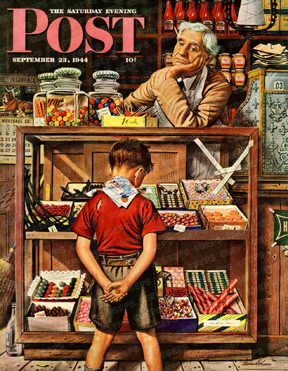 Boy deciding on penny candy, bored clerk watches