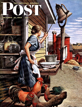 Farm wife ringing dinner bell