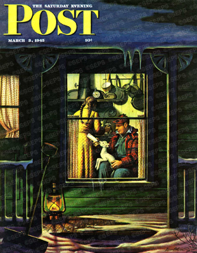 Farmer feeding lamb with bottle in kitchen at night