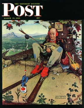 April fool cover with man on skis with fishing pole