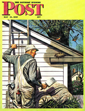 Man painting house, comes upon bird's nest in eaves