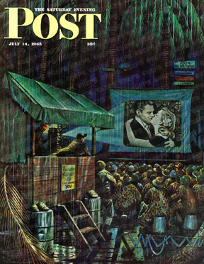 Soldiers watching movie on outdoor screen in the rain