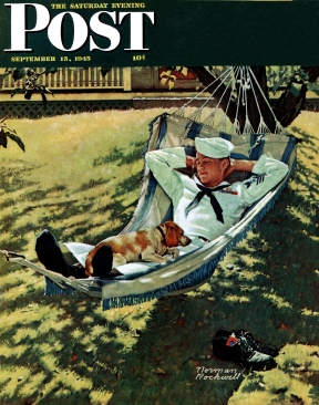 Sailor home on leave and dog asleep in hammock