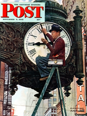 Man setting Marshall Fields clock in Chicago