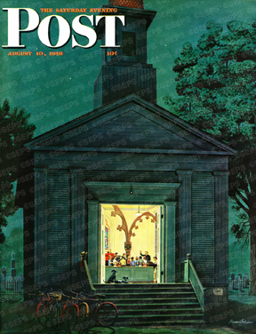 Practicing rural church choir seen through door at night