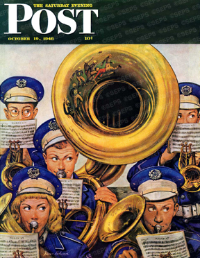 Football team reflected in band's tuba