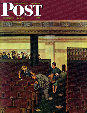 Couple in theater looking for woman's shoe