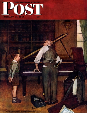 Boy watches as man tunes piano