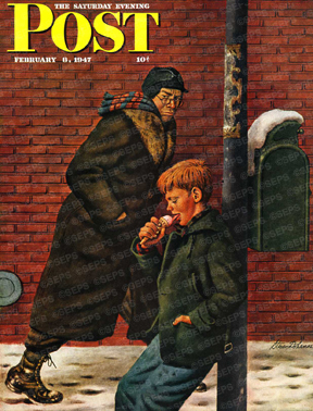 Boy leans against mailbox eating ice cream in winter